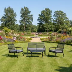 Aiamööblikomplekt MACOS laud, diivan ja 2 tooli, hall/must